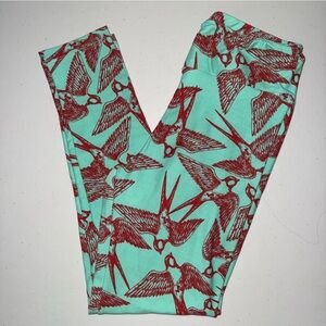 LuLaRoe Blue and Orange Bird Print Leggings One Size